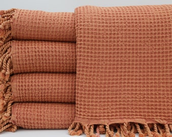 Burnt Orange Bed Cover,Turkish Blanket,Stonewashed Blanket,Turkish Bedspread,Waffle Blanket,70"x87",Bulk Blankets,Sofa Decor Blankets,UA002E