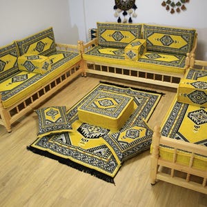 Yellow Color Kilim U FULL SET with wooden bench, Moroccon Living Room Furniture, Arabic Sofa SET, Oriental Sofa, Handmade Wooden Sofa Set