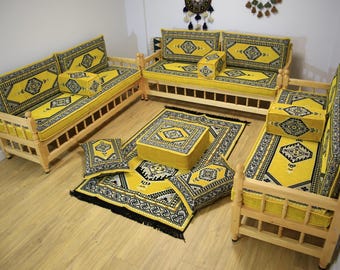 Ensemble complet Kilim U de couleur jaune avec banc en bois, meubles de salon marocains, ensemble de canapés arabes, canapé oriental, ensemble de canapés en bois faits main