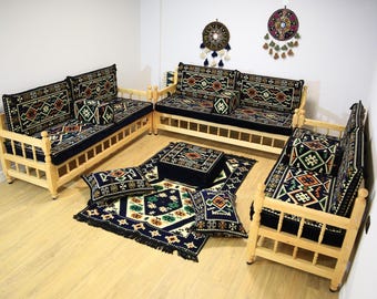 Ensemble complet Kilim U bleu marine avec bancs en bois, ensemble de canapés d'angle, Majlis du Yémen, canapé arabe avec banc en bois fait main, canapé ottoman, jalsa arabe