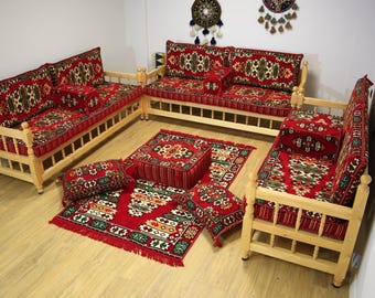 Ensemble de canapés kilim rouges authentiques avec bancs en bois, ensemble de canapés de salon, canapé ottoman, canapé oriental arabe avec bancs, meubles de jardin, canapé