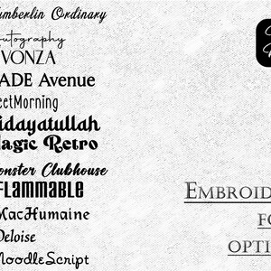 May include: A list of 12 embroidery font options, including Numberlin Ordinary, Autography, REVONZA, MADE Avenue, SweetMorning, Hidayatullah, Magic Retro, Monster Clubhouse, Inflammable, MacHumaine, Deloise, and Noodle Script. The text "Towel Master" is in a black square in the upper right corner of the image. The text "EMBROIDERY FONT OPTIONS" is in the lower right corner of the image.