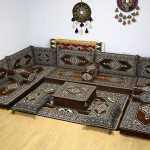 Brown Rug Upholstered U-Shaped Full Sofa Set, Arabic Ottoman Sofa, Moroccan Majlis, L Shaped Full Kilim Couch, Living Room Decor, Home Gifts