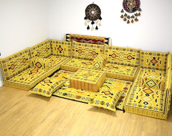 Ensemble complet de canapé Kilim jaune en forme de L, canapé arabe d'angle pour salon, style Majlis arabe, canapé ottoman, ensemble de canapés de sol turcs, canapé une place