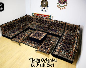 Navy Colored U FULL SET Arabic Sofa Seating, Oriental Stylish Living Room Furniture, Traditional Majlis Sofa SET, Ottoman Sofa, Kilim Sofa