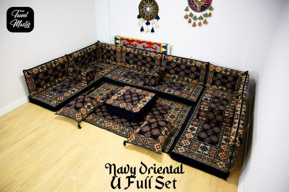 Navy Colored U FULL SET Arabic Sofa Seating, Oriental Stylish Living Room Furniture, Traditional Majlis Sofa SET, Ottoman Sofa, Kilim Sofa