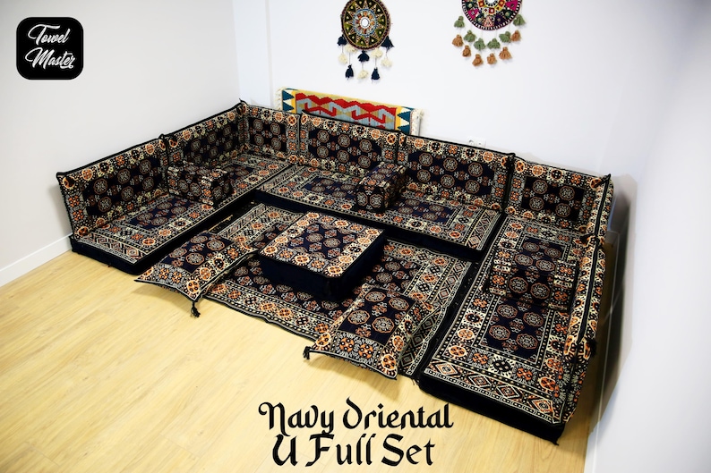 Navy Colored U FULL SET Arabic Sofa Seating, Oriental Stylish Living Room Furniture, Traditional Majlis Sofa SET, Ottoman Sofa, Kilim Sofa
