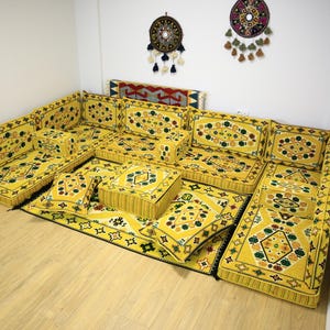 Yellow Colored U FULL SET Yemen Sofa Floor Seating, Arabic U shaped Full Set, Garden Furniture, Moroccon Majlis, Kilim Pillow, Ottoman Sofa