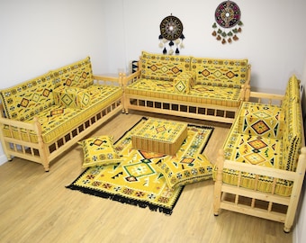Causeuse rembourrée géométrique jaune avec banc, canapé arabe, ensemble de bancs ottomans, ensemble de canapé en bois de pin pour meubles de jardin, oreiller kilim