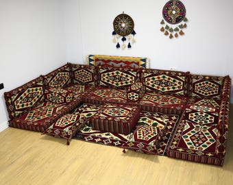 Burgundy Oriental Kilim Sofa Set, U-shaped Full Couch Set, Ottoman Sofa, Moroccan Modular Sofa, Rug Terrace Floor Seating, Arabic Majlis
