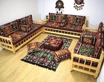 Canapé oriental bordeaux, Banc en bois fait main, Majlis marocains, Meubles de jardin, Sièges de canapé au sol, Canapé ottoman, Banc en bois en forme de U