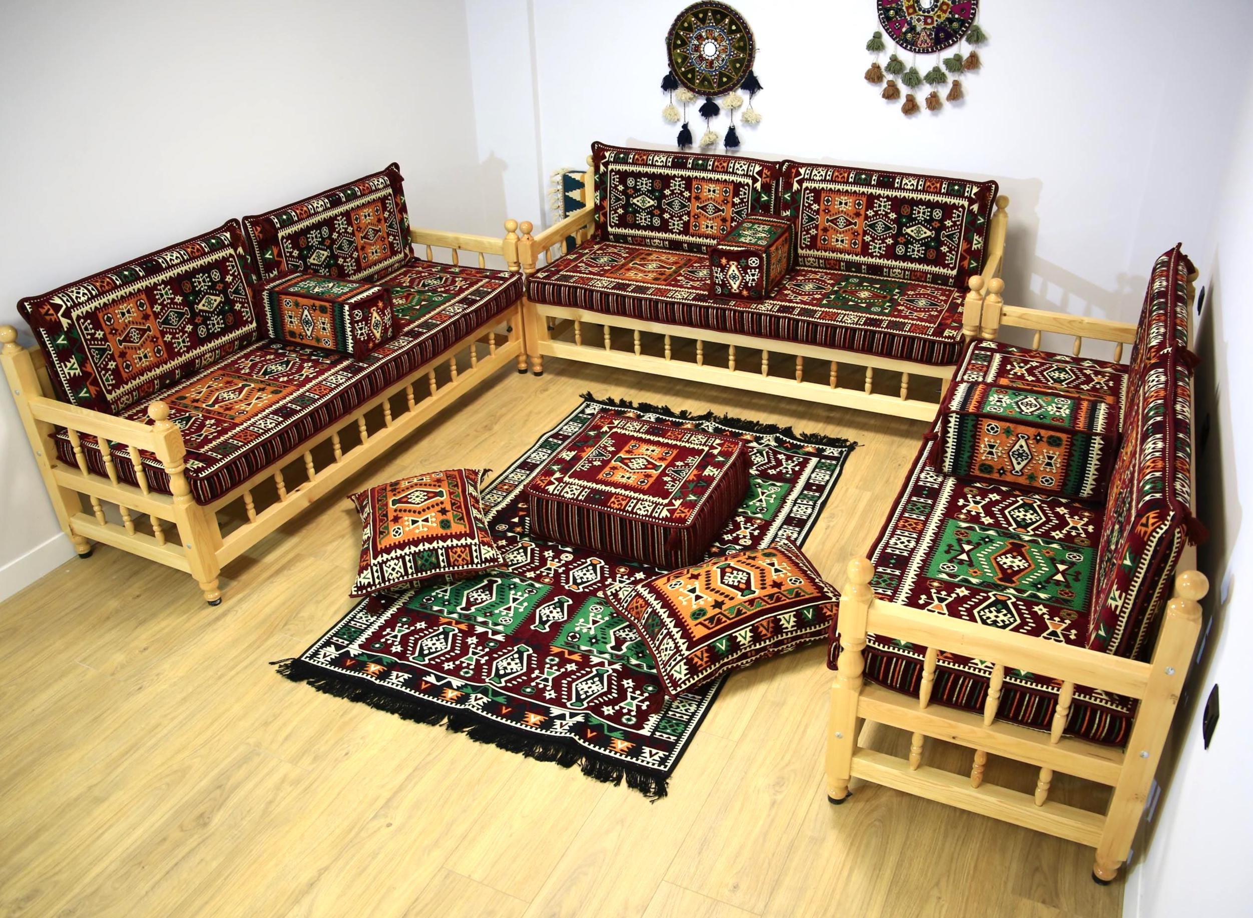 Burgundy Oriental Couch, Handmade Wooden Bench, Moroccan Majlis