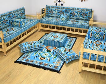 Canapé rembourré tapis bleu, banc en bois fait main, ensemble de sièges de style turc, banc arabe, canapé ottoman, ensemble de canapé en pin