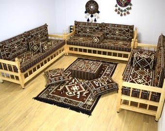 Banc en bois de pin fait main kilim brun, canapé rembourré, canapé arabe, banc d'extérieur, pouf ottoman, ensemble complet de canapés en U de salon, banc