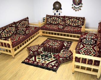 ENSEMBLE COMPLET U de tapis bordeaux, banc en bois fait main, canapé ottoman, ensemble complet en forme de L, majlis marocain, banc en bois de pin pour décoration de jardin, canapé