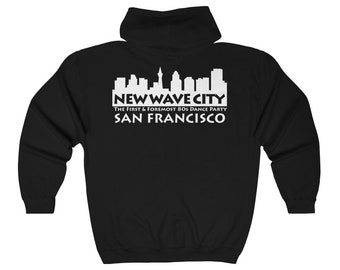 New Wave City zip up hoodie with original skyline logo on back