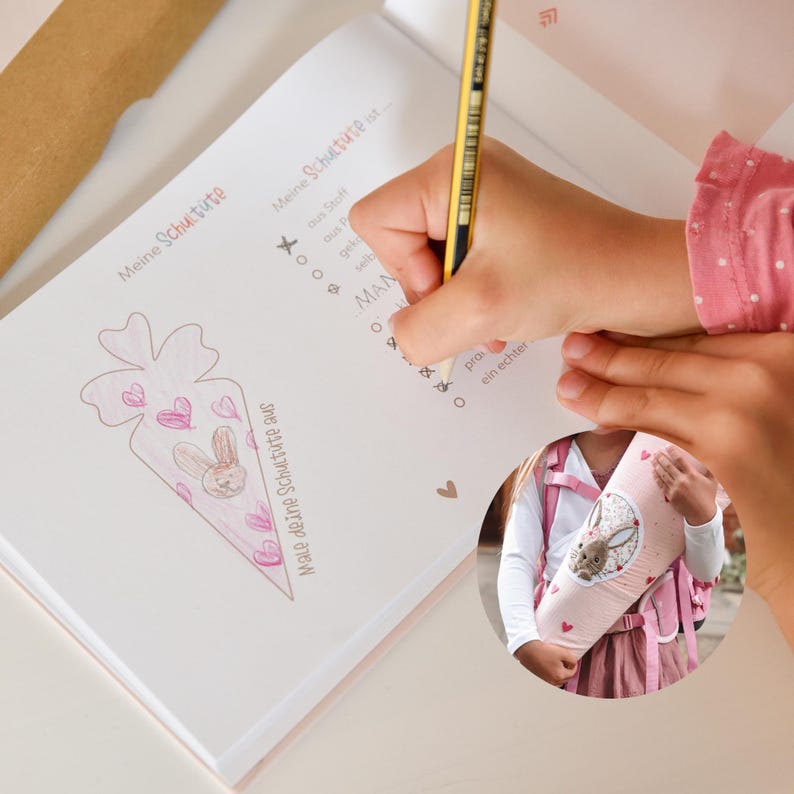 K&ouml;nnte beinhalten: Eine wei&szlig;e Seite eines Aktivit&auml;tsbuchs mit dem Text Meine Schult&uuml;te und einer Zeichnung einer Schult&uuml;te, die mit Herzen und einem Hasen verziert ist. Ein gelber Stift markiert eine Checkliste. Ein kreisf&ouml;rmiges Inset zeigt eine rosa Schult&uuml;te.