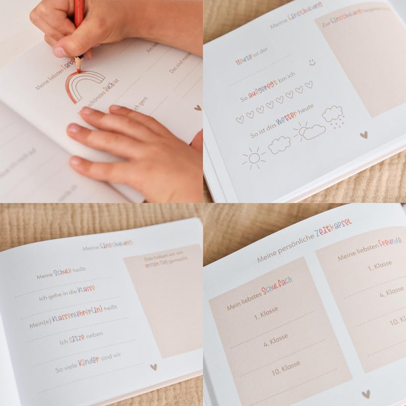 Peut inclure: Un livre d'activit&eacute;s blanc avec du texte et des illustrations en allemand, comprenant des sections pour les d&eacute;tails personnels, les informations scolaires et le suivi m&eacute;t&eacute;o. Les pages incluent des encadr&eacute;s rose p&acirc;le, des c&oelig;urs et un arc-en-ciel.