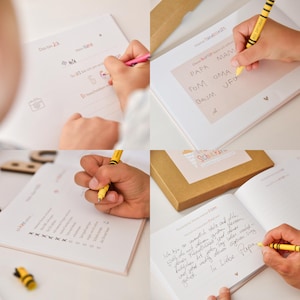 Peut inclure: Un livre d'activit&eacute;s blanc avec du texte imprim&eacute; en allemand et des sections &agrave; remplir. Les pages pr&eacute;sentent des invites comme Das bin Ich, Meine Familie, et des lignes pour &eacute;crire. Un crayon jaune est utilis&eacute; pour remplir les mots manuscrits.