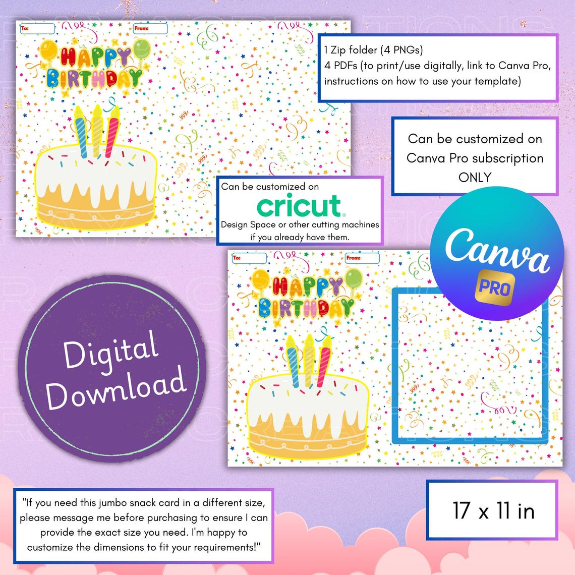 Jumbo Birthday Snack Card Template - Confetti and Cake Design - 11x17in ...