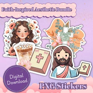 Puede incluir: Paquete de pegatinas PNG de descarga digital estética con temática de inspiración religiosa. Las pegatinas incluyen una mujer con flores, una cruz con la frase "Strength in Faith", una Biblia, una taza de café y un dibujo de Jesús.