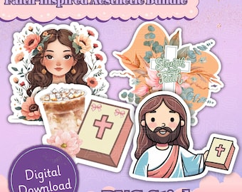 Faith-Inspired Aesthetic PNG Sticker Bundle | Cute Jesus, Bible Study, Floral Cross, Iced Coffee | Christian Digital Download