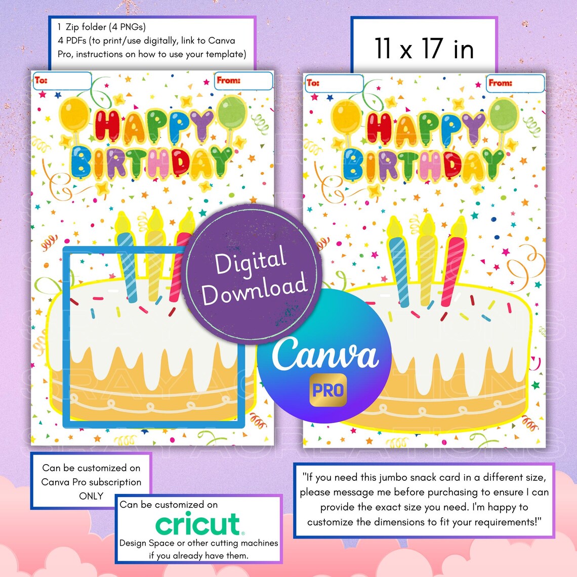 Jumbo Birthday Snack Card Template - Confetti and Cake Design - 11x17in ...