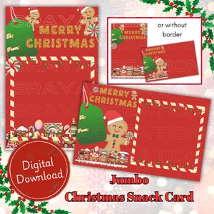 May include: Printable Christmas snack card with a gingerbread man and a train with candy canes and gingerbread houses. The card has a red background with white stripes and a green tag that says "Merry Christmas".