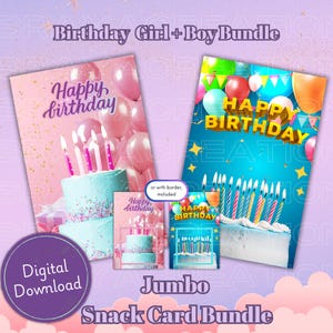 Lot de cartes à goûter géantes d'anniversaire pour fille et garçon | Motifs roses et bleus avec des ballons et un gâteau | Fichiers numériques imprimables et modifiables