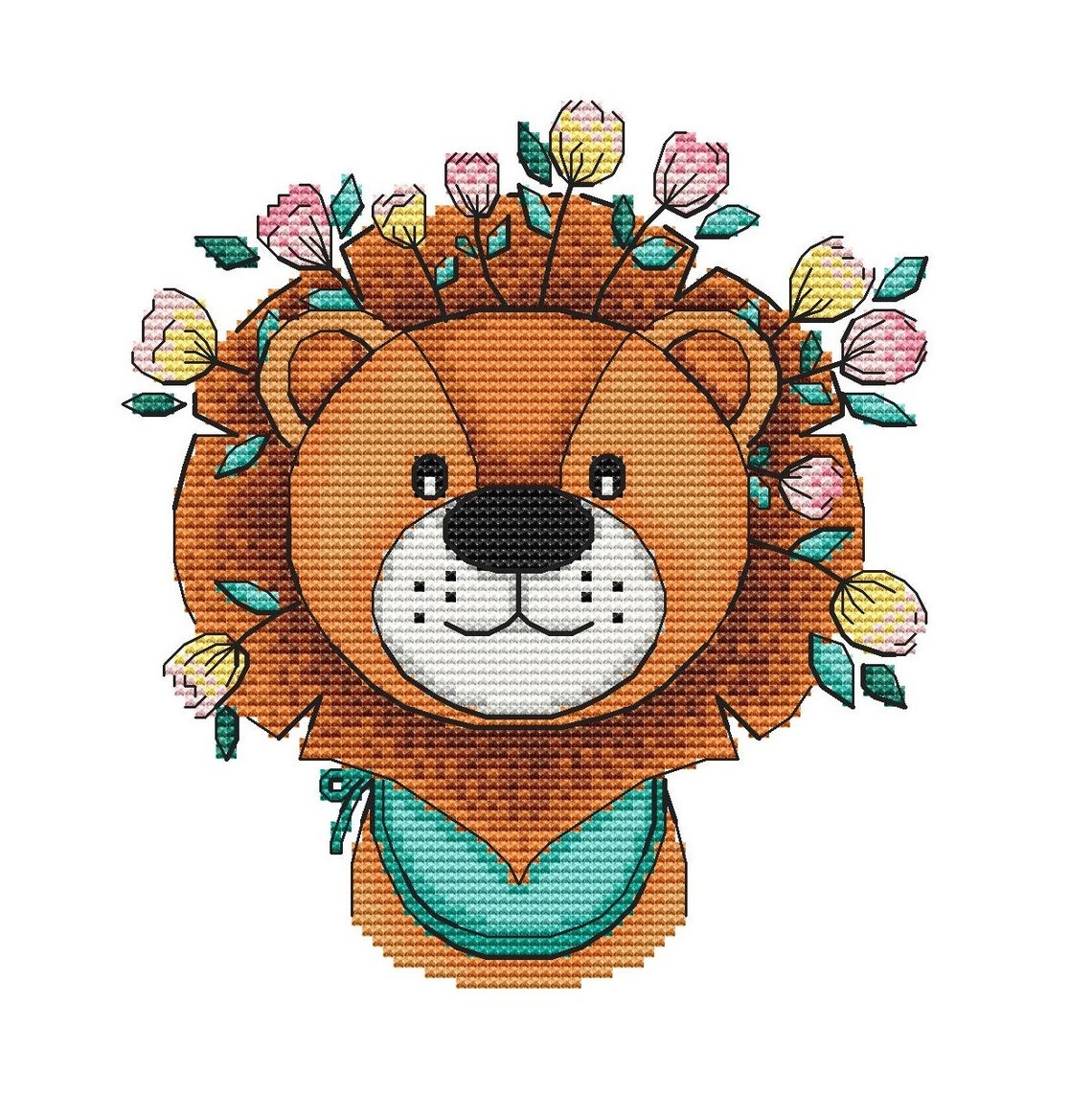 Lion with flowers cross stitch nwcvq pdf embroidery for  etsy Lion with flowers cross stitch nwcvq pdf embroidery for  etsy