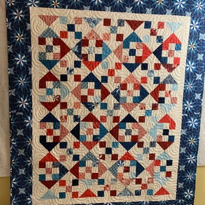 Red white and blue 9 patch and hourglass quilt