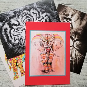 Ensemble de 4 cartes de voeux Animaux de safari : éléphant, lion et tigre