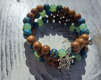 Lake Blue Striped Malachite and Wood  Wired Bracelet with Turtle and Shell charms