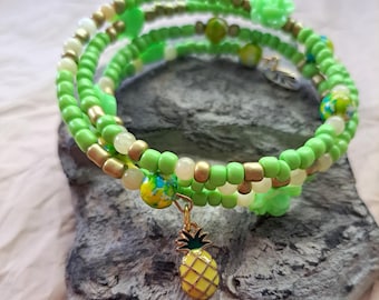 Pineapple Lime Citrus Golden Yellow Wired Bracelet Yellow Jade, Pine Stone Semi-Precious Stones with Goldentone Charms