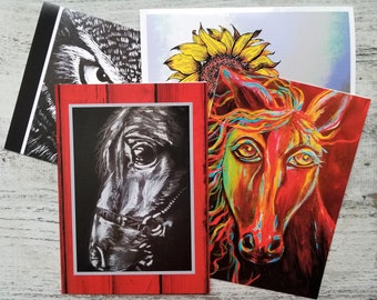 Owl-Horses-Sunflower Greeting Cards Blank-4 Pack
