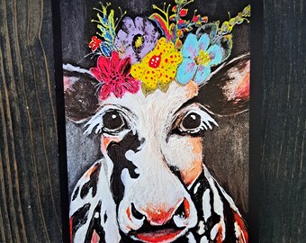 Cow & Flowers Farm Greeting Card Original Artwork