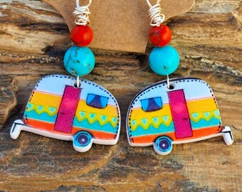 Camping - Rving Turquoise Semi Precious Stone - .925 Silver Wire Drop Earrings