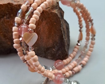 Blush Peach Heart Wired Bracelet Semi-Precious Stones with Palm Tree - Shell Charms