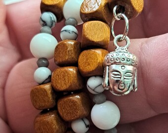 Howlite, Agate, Crystal, Wood Semi-Precious Stone Wired Bracelet with Budha Flower Charms