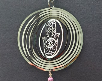 Hamsa/Third Eye Suncatcher - Large Crystal & Pink Turquoise/Blue Adventurine Semi-Precious Stones
