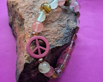 Watermelon Tourmaline Semi-Precious Stone Bracelet with Peace Accent