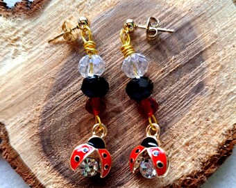 Pretty Ladybug and Crystal 18k Gold Plated Stud Earrings