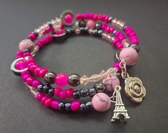 Pink and Charcoal Paris Semi-Precious Stone Bracelet with Rose & Eiffel Tower Charms