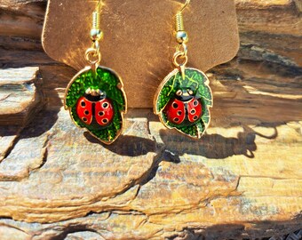 Ladybug Leaf Golden .925 Silver Wire Drop Earrings
