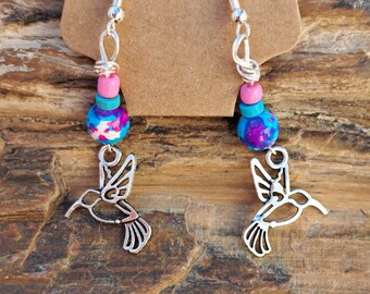 Hummingbird, Turquoise and Stone - .925 Silver Wire Drop Earrings