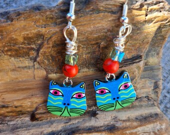 Cute Cat Earrings- Turquoise with  .925 Sterling Silver Wire Drop