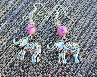 Beautiful Elephant Pink Turquoise - .925 Silver Wire Drop Earrings