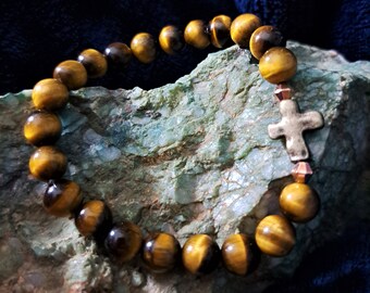 Tiger's Eye and Religious Cross Gemstone Healing Bracelet