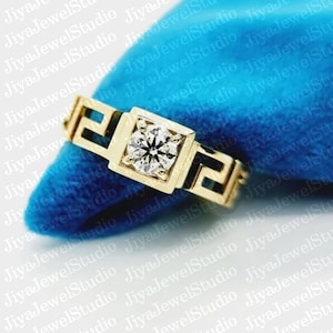 Moissanite Men&#39;s Ring: Greek Key 14K Yellow Gold Over