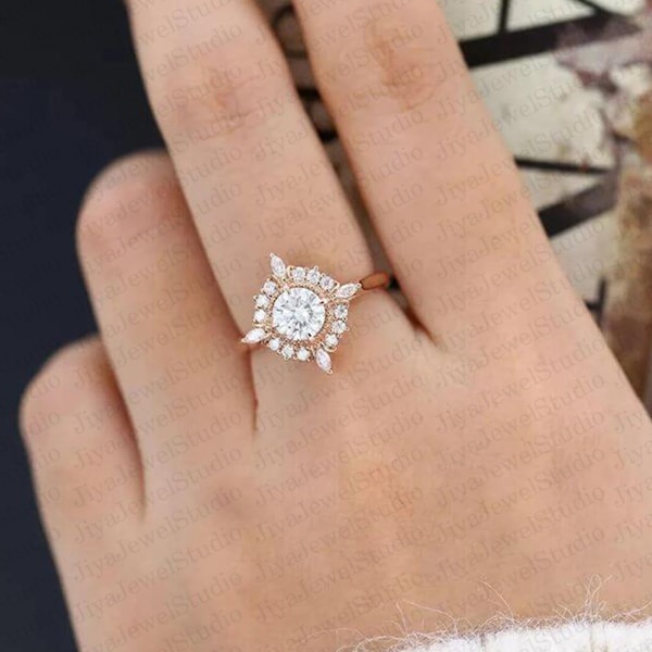 Vintage Cluster Moissanite Engagement Ring Set, Round Cut Moissanite Flower Wedding Bridal Set, Rose Gold FN, Halo Promise Ring For Women